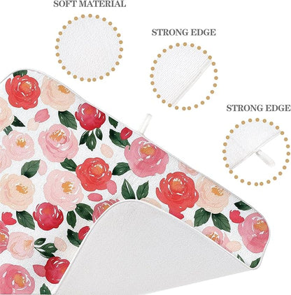 Floral Dish Drying Mat 18x24 Inch Watercolor Red Pink Flower Drying Mat Vintage Spring Summer Valentines Day Romantic Absorbent Dish Drying Pad Dish Rack Drainer Mats for Kitchen Dining Counter