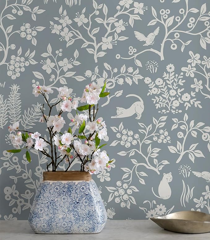 Timeet Modern Floral Wallpaper Peel and Stick Wallpaper Cats/Birds/Trees Wall Paper 16.14"x393.7" Flower Contact Paper Self Adhesive Removable Vinyl for Bedroom Living Room Wall Decor