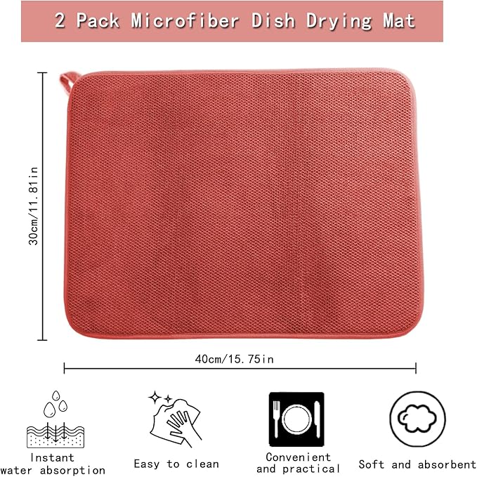 2 Pcs Microfiber Dish Drying Mats with Hanging Loop, Absorbent Dish Drying Pad, 12 x 16 Inch Dishes Drainer Pads, Washable Dish Drainer Mats for Kitchen Counter, Drainer Racks, Sinks (Red)