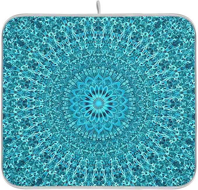 Super Absorbent Dish Drying Mat Microfiber Fast-Drying Dish Mat 16" x 18" Kitchen Dish Drying Pad Mandala Turquoise Teal Blue Green