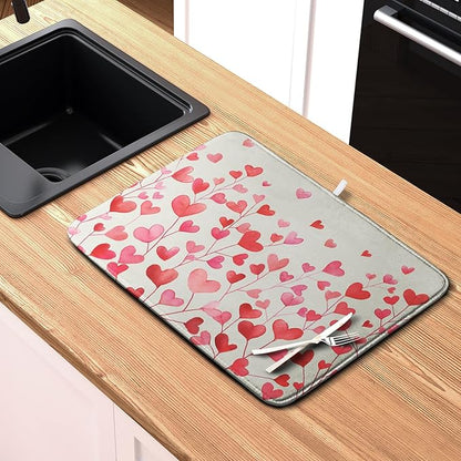 Valentines Pink Love Heart Dish Drying Mat Valentine Day Absorbent Microfiber Dish Drying Pad Heat Resistant Kitchen Counter Draining Mat Extra Large Dish Drainer Rack Mats 18x24 Inch