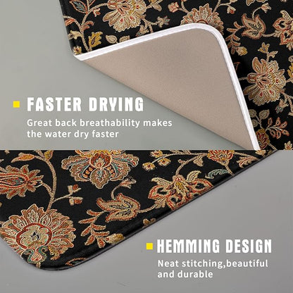 Vintage Tapestry Floral Dish Drying Pad 16 x 18 Inch With Absorbent Reversible Microfiber Black Brown Boho Carpet Flowers Drying Mats Dish Drainer Mat Fast Dry For Kitchen Dining Room Decoration