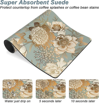Rnivvi Coffee Mat, 12" x 19" Cute Coffee Bar Mats for Espresso Machine Station Accessories and Organizer, Hide Stain Rubber Backed Absorbent Dish Drying Pad for Kitchen Counter, Retro Flower