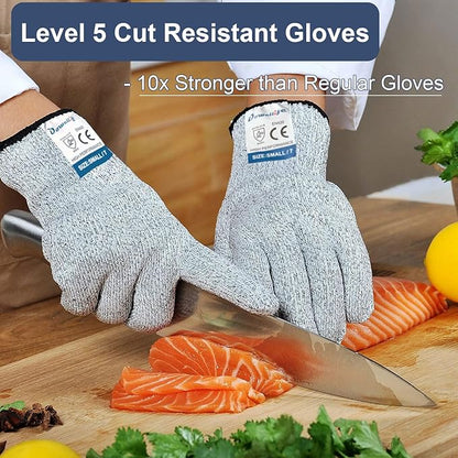 Dowellife Cut Resistant Gloves Food Grade Level 5 Protection, Safety Kitchen Cuts Gloves for Oyster Shucking, Fish Fillet Processing, Mandolin Slicing, Meat Cutting and Wood Carving. (Small-3 Pairs)