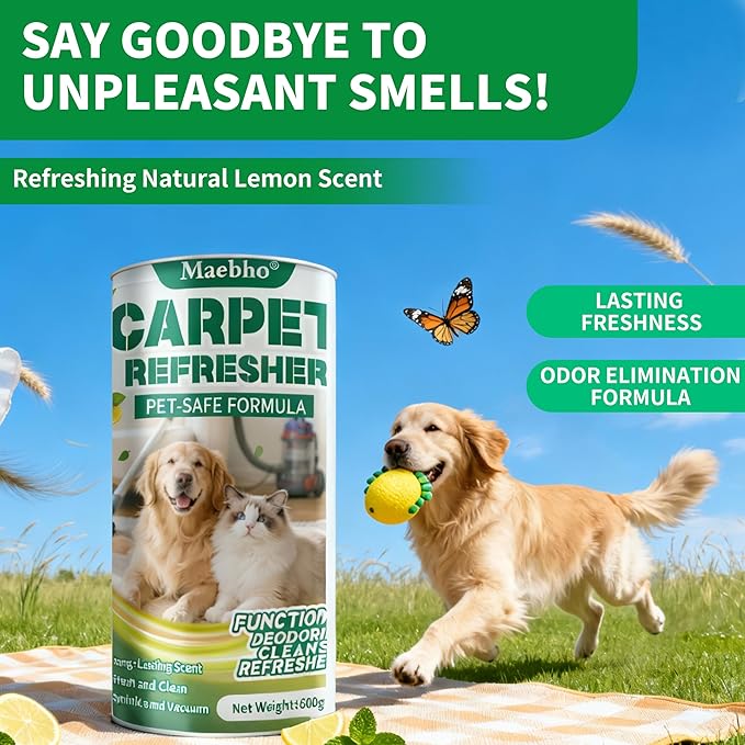 Carpet Deodorizer Freshener Powder for Pets - Pet Odor Eliminator for Urine, Feces & Vomit | Lemon Scent, Natural Ingredients Safe for Kids & Pets | 21 Oz