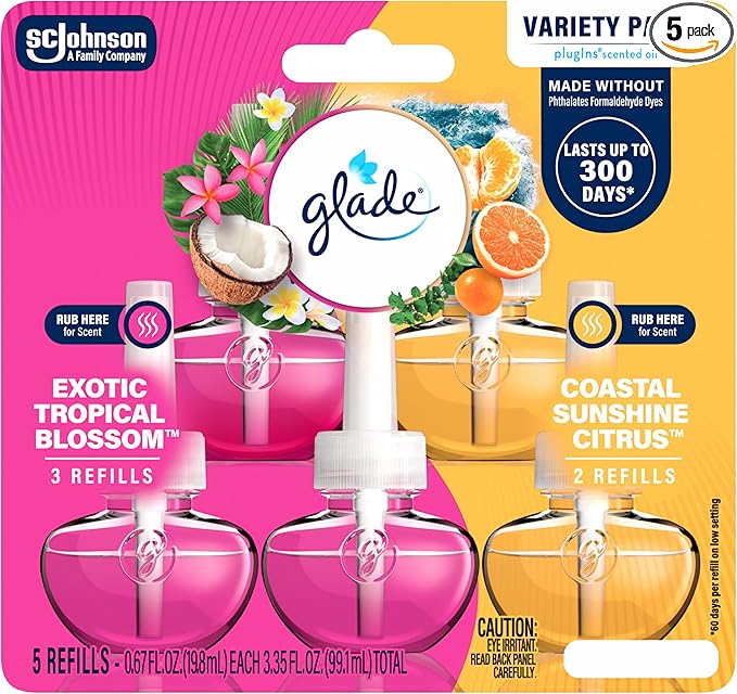 Glade PlugIns Refills Air Freshener, Exotic Tropical Blossoms & Coastal Sunshine Citrus, Scented and Essential Oils for Home and Bathroom, 0.67 Fl Oz, 5 Count