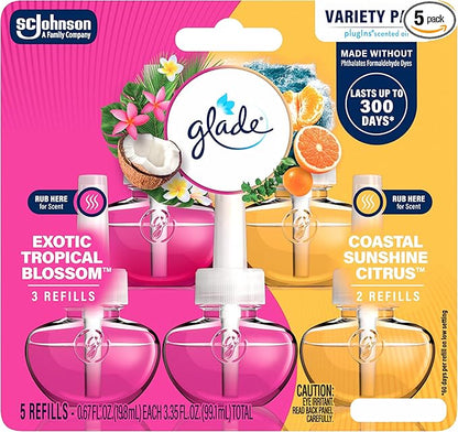 Glade PlugIns Refills Air Freshener, Exotic Tropical Blossoms & Coastal Sunshine Citrus, Scented and Essential Oils for Home and Bathroom, 0.67 Fl Oz, 5 Count
