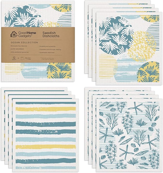 Swedish Dishcloths for Kitchen | 12-Pack Ocean Collection | Absorbent Reusable Swedish Dishcloths, Eco-Friendly Cellulose Sponge Dishtowels