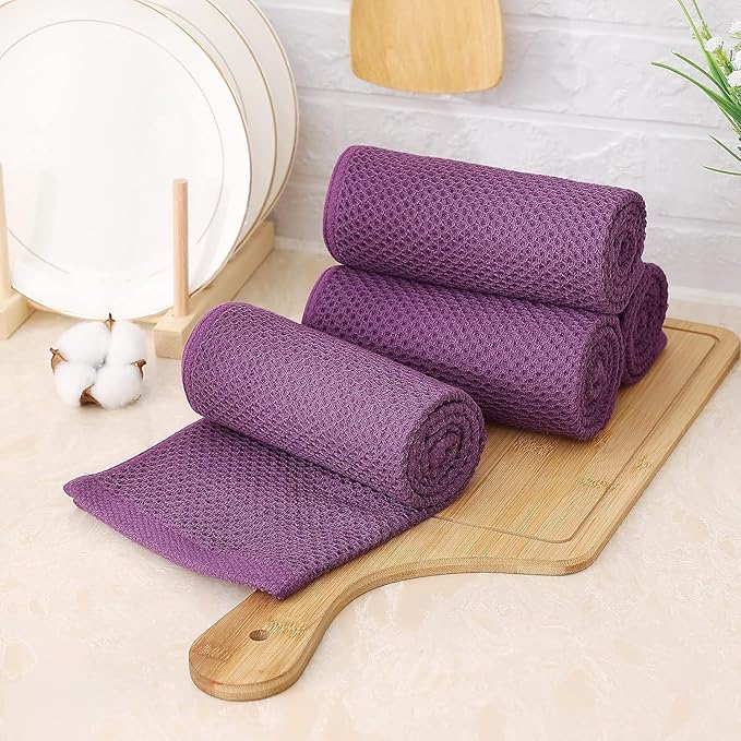 Kitinjoy 100% Cotton Waffle Weave Kitchen Hand Towels (13 X 28 Inches, Violet), 8-Pack Super Soft and Absorbent Dish Towel for Drying Dishes