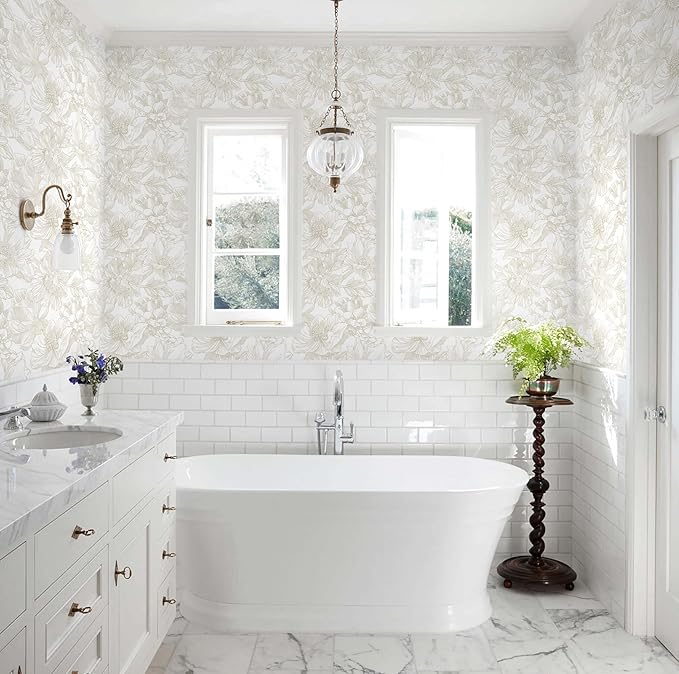 Ismoon Large Floral Peel and Stick Wallpaper Boho Beige Contact Paper 17.3inx6.5ft Neutral Wall Paper Removable Self Adhesive Wallpaper Bedroom Cabinet Bathroom Waterproof Mural Wall Decor Vinyl Roll