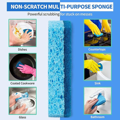 HOMERHYME Non-Scratch Cellulose Scrub Sponges 12 Pack, Sponges Kitchen with Double-Side & Ergonomic Design for Dishes, Coated Cookware, Sink & Countertops.