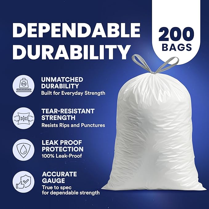 Plasticplace 4 Gallon White Drawstring Trash Bags,– 0.7 Mil Leak-Proof Garbage Liners for Small Trash Can,Bathroom,Kitchen,Office,and Car Use,200 Count (Pack of 2)