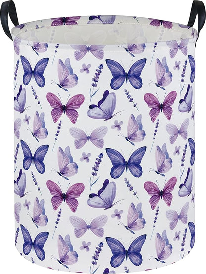 Butterfly Laundry Basket Kids Hamper for Nursery Boy and Girl Hamper Cute Kids Toys Storage Bin Organizer Room Decor for Home(Purple Butterfly)