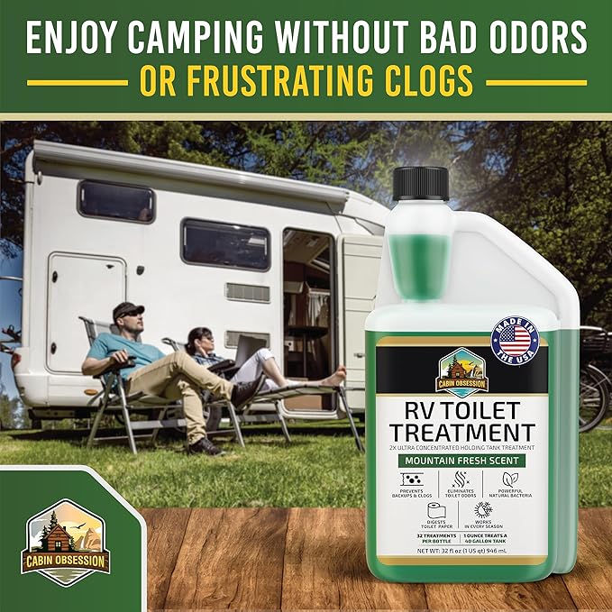 Cabin Obsession RV Toilet Treatment (32 oz) - 2x Ultra Concentrated Liquid RV Black Tank Treatment with Easy Measure Spout, Mountain Fresh Scent, 32 Treatments