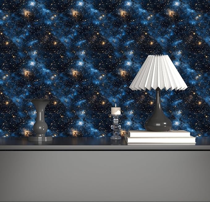 Laatse Blue Starry Peel and Stick Removable Black Sky Contact Paper 17.5" x 118", Gold Star Modern Wallpaper Mural Waterproof Self Adhesive for Wall Bedroom Bathroom Kitchen Cabinet Room Decor