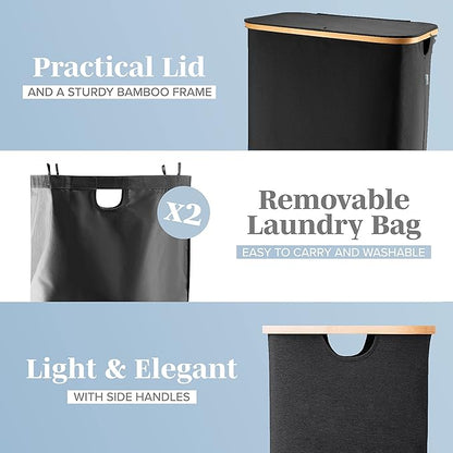 LONBET Laundry Basket with Lid, Made from Breathable Fabric | Aesthetic Clothes Hampers for Laundry with Side Handles & Sturdy Bamboo Frame (40 Gallons - Double, Black)