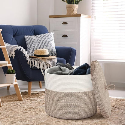 18" X18“ X 14" Large Storage Basket with Lid, Blanket Basket Living Room, Woven Cotton Rope Storage Box, Lidded Kids Dog Toy Bin, Wicker Laundry Basket, Blankets Pillows Organizer Holder