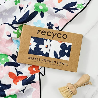 RECYCO Waffle Kitchen Towel Set of 2 - Quick Dry Microfiber Sustainable Dish Towels - Ultra Absorbent Reusable Cleaning Tea Towels - Lightweight Hand Towels,16”x 28”, Whimsy Petals