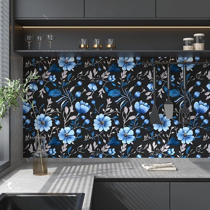 Extra Long Dark Floral Peelable Wallpaper, 17.5In x 393In Vintage Blue Floral Design Wall Paper Stick on Bedroom Living Room Cubicle, Botanical Self Adhesive Removable Contact Paper Black Blue