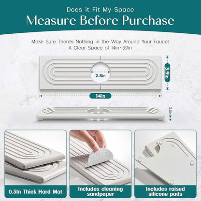 eormoe Diatomite Kitchen Faucet Mat - 14Inch Water Absorbing Stone Tray for Sink, Stone Fast-Drying Faucet Mat for Kitchen Counter Sink Accessories (Light Grey, 14'' x 3.9'')