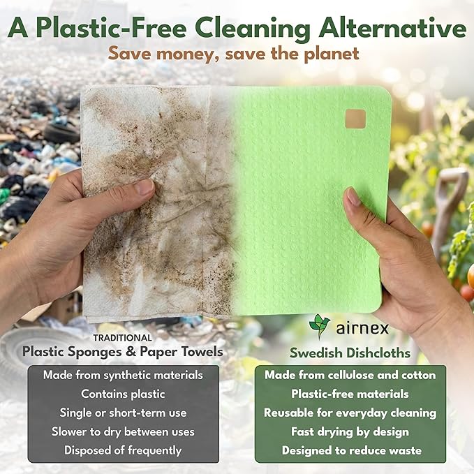 10 Pack Cellulose Swedish Dishcloths for Kitchen - Eco-Concious Reusable Dish Towels & Cloths - Super Absorbent, Odor Resistant and Fast Drying Wash Cloths for Dishes & Surfaces