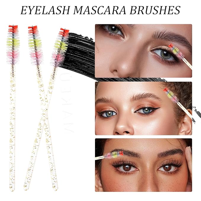 300 PCS Eyelash Extension Supplies Kit, Disposable Micro Applicator,Crystal Eyebrow Spoolie Lash Brush, Lip Gloss Brush, Mascara Wand Applicator(colorful+gold)
