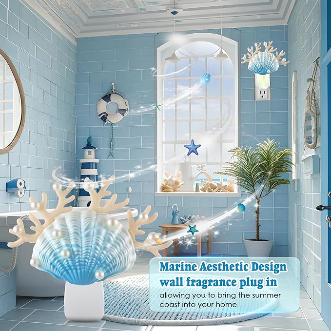 Hohean Wall Fragrance Plug in with Night Light Compatible with Bath & Body Works WallFlower Fragrance, Marine Style Essential Oil Diffuser Plug with Rotary Design(Shell Coral Pearl)