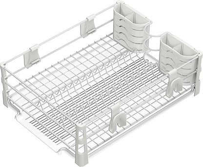 Simple Houseware White Dish Drying Rack with Drainboard, Utensil Holder & Mug Hooks – Metal Kitchen Counter Organizer