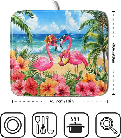 Summer Flamingos Dish Drying Mat 16x18 inch Tropical Beach Microfiber Washable Dish Rack Mats Drainer Pad for Counter Kitchen Table Decor