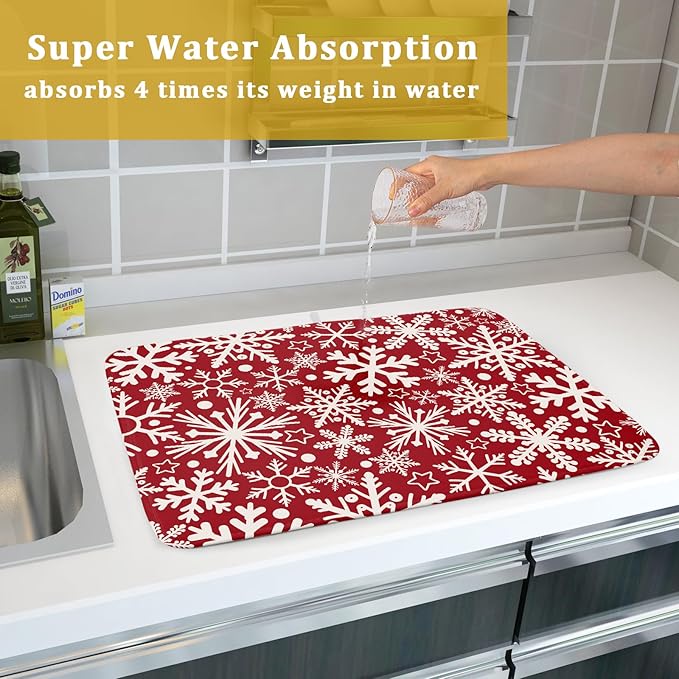 Christmas Dish Drying Mat for Kitchen Counter 18x24 Dark Red Snowflake Winter Xmas Holiday Absorbent Reversible Microfiber Drying Mats Kitchen Countertop Protector Dishes Drainer Pad