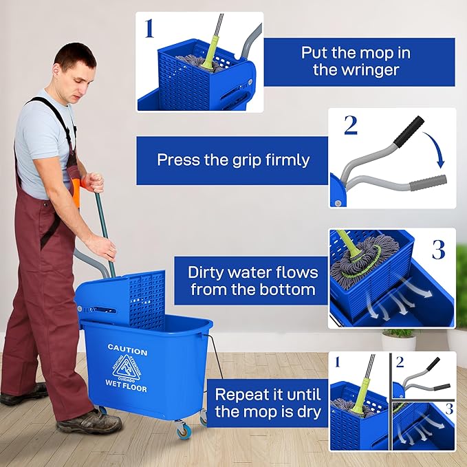 HOMCOM Commercial Mop Bucket with Side Press Wringer on Wheels for Floor Cleaning, 21 Quart, Separate Dirty and Clean Water, for Home Apartment Small Business and Office, Blue