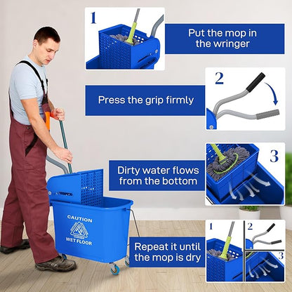 HOMCOM Commercial Mop Bucket with Side Press Wringer on Wheels for Floor Cleaning, 21 Quart, Separate Dirty and Clean Water, for Home Apartment Small Business and Office, Blue