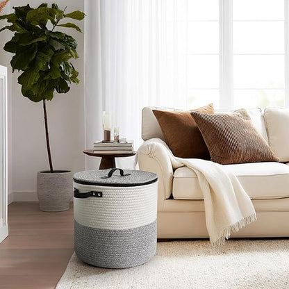 Storage Basket with Lid, 15"x13" Round Woven Blanket Storage for Living Room, Soft Cotton Rope Bin with Zipper Top, Shoe Basket with Lid for Entryway, Floor Kids Dog Toy Bin Box with Cover
