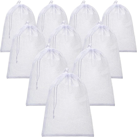 TecUnite 10 Pcs Mesh Laundry Bags with Drawstring Multicolor Mesh Sack Bag Nylon Gift Dishwasher Bag with Sliding for Storage Clothes Socks Jewelry Gifts Toys Fruit(24 x 36 Inch,White)