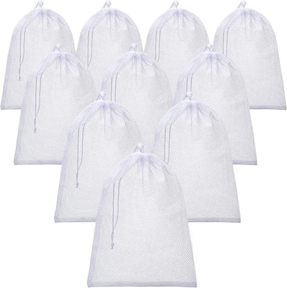 TecUnite 10 Pcs Mesh Laundry Bags with Drawstring Multicolor Mesh Sack Bag Nylon Gift Dishwasher Bag with Sliding for Storage Clothes Socks Jewelry Gifts Toys Fruit(12 x 16 Inch,White)