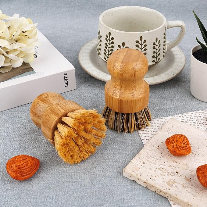 AUEAR, Natural Bamboo Dish Scrub Brush Cleaning Pot Scrubber Brushes Coconut Bristles for Cast Iron Skillet Pots Pans (2 Pack, 2 Colors)