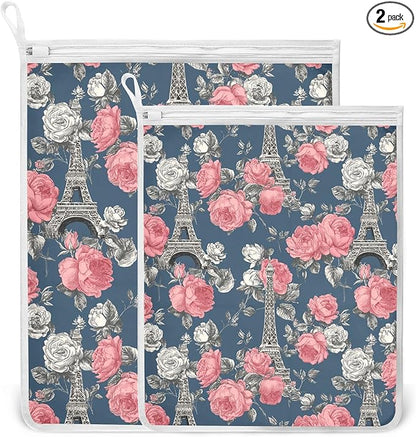 Mesh Laundry Bags Lingerie Bags for Washing Delicates 2 PCS Durable Wash Bag with Zipper Small and Medium Washable Blue French Eiffel Tower and Roses