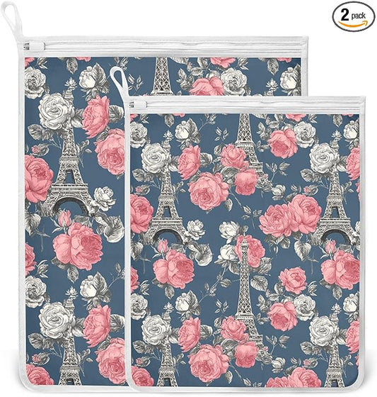 Mesh Laundry Bags Lingerie Bags for Washing Delicates 2 PCS Durable Wash Bag with Zipper Small and Medium Washable Blue French Eiffel Tower and Roses