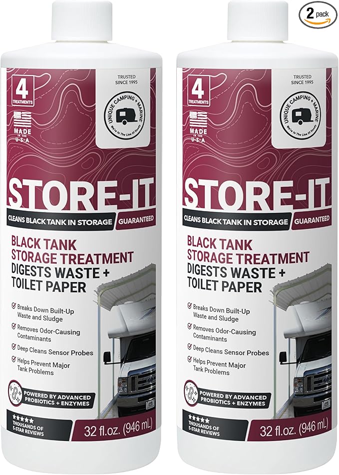 Unique Store-It RV Black Tank Cleaner Liquid - Cleans and Deodorizes Tanks While RV is in Short or Long Term Storage - 4 Uses Per Bottle 32 oz (2-Pack) Packaging May Vary