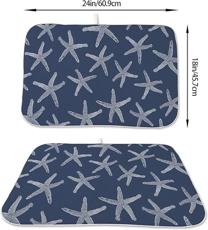 Navy Blue Starfish Coastal Dish Drying Mats 18x24 Inch Coastal Nautical Summer Decorative Drying Mats Beach Ocean Outdoor Decor Coffee Bar Mat for Kitchen Dining Room