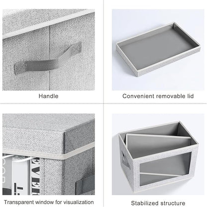 Storage Box with Lids - 5 Pack Foldable Clear Window Storage Bins, Large Decorative Storage Bins with Handles, Storage Containers for Clothes, Towel, Blanket, Sheet, Light Grey