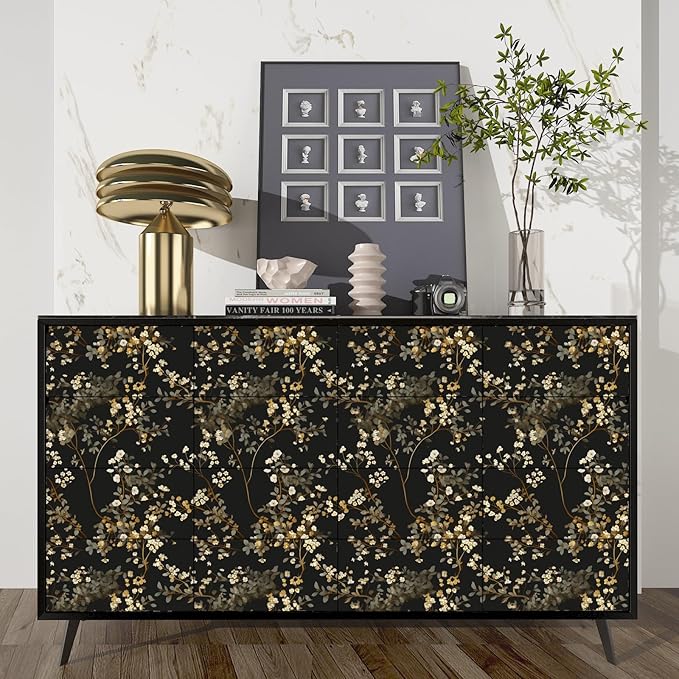Fvlow Vintage Black Floral Wallpaper Classic Watercolor Leaves Wall Paper 17.4" x 394" Dark Moody Contact Paper Chinoiserie Self Adhesive Covering for Bedroom Bathroom Cabinet Home Decor Black Grey
