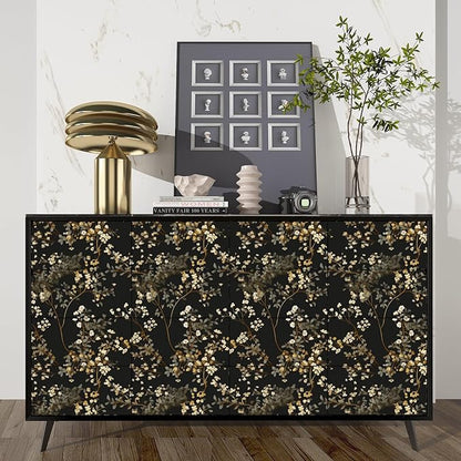 Fvlow Vintage Black Floral Wallpaper Classic Watercolor Leaves Wall Paper 17.4" x 394" Dark Moody Contact Paper Chinoiserie Self Adhesive Covering for Bedroom Bathroom Cabinet Home Decor Black Grey