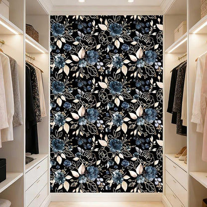 Black and Gold Floral Peel and Stick Wallpaper Self Adhesive Removable Thick Modern Dark Botanical Watercolor Navy Blue Flower Accent Wall for Bedroom Bathroom Renter Friendly 17.7"x118"