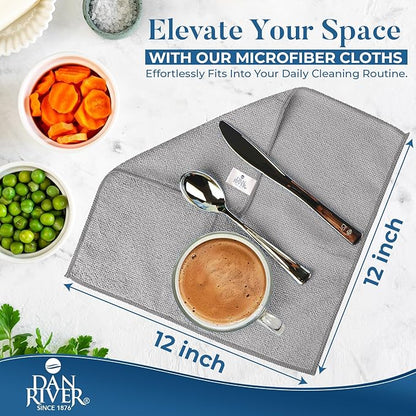 DAN RIVER 24-Pack Gray Microfiber Towels – Ultra Absorbent, Lint-Free & Streak-Free Cleaning Cloths for House, Car & Kitchen - Must-Have Cleaning Essentials - 12" x 12"