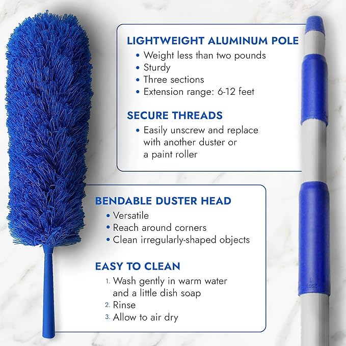 Blue Extension Rod Ceiling Duster with 18-20 feet Reach 3-Stage Aluminum Telescoping Pole - Cathedral, Cobweb, Microfiber, Ceilings Fan Duster Includes 2 Hand Dusting Kit