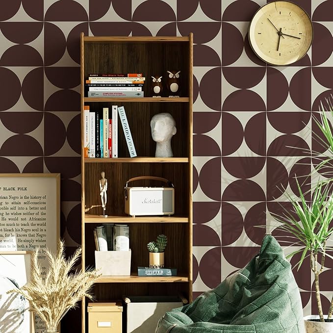 Dimoon Wallpaper 236"x17.3"Peel and Stick Geometric Contact Paper Vintage Dark Red Beige Wall Paper Removable Square Waterproof Self Adhesive Wall Covering for Bedroom Shelf Liner Decal Vinyl Roll