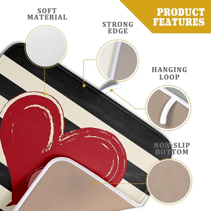 Valentines Day Dish Drying Mat for Kitchen Counter 16x18 Inch Red Pink Love Heart Black Striped Print Absorbent Reversible Microfiber Drying Mats Kitchen Countertop Protector Dishes Drainer Rack Pad