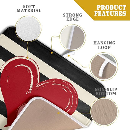 Valentines Day Dish Drying Mat for Kitchen Counter 16x18 Inch Red Pink Love Heart Black Striped Print Absorbent Reversible Microfiber Drying Mats Kitchen Countertop Protector Dishes Drainer Rack Pad