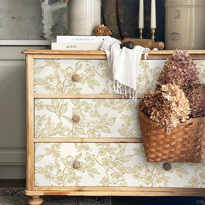 Ismoon Floral Wallpaper Peel and Stick Vintage Flower Beige and Gold Contact Paper for Cabinet Textured Removable Self Adhesive Vinyl Wallpaper for Bedroom 17.3x393in